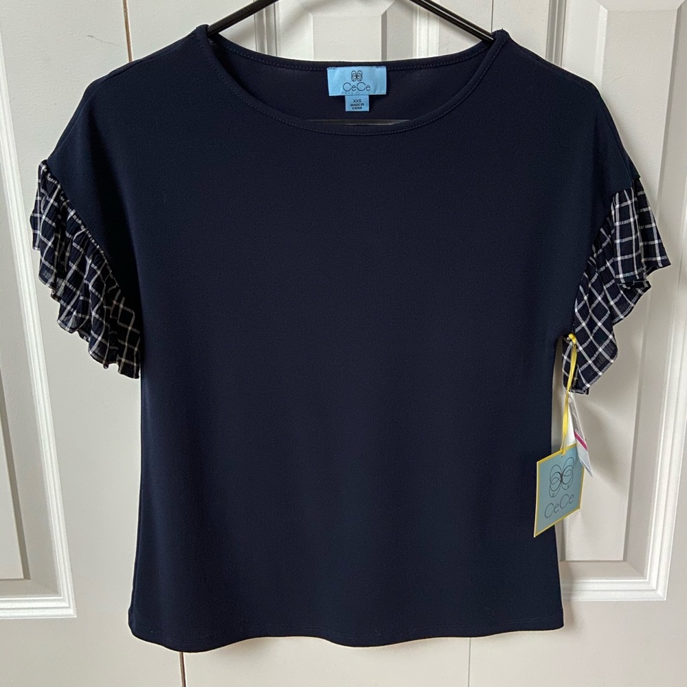 NWT Navy Cece Blouse With Plaid Sleeves